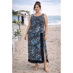 Dana Buchman Silk Butterfly Print Beaded Top & Wrap Skirt Set Size 16/18 Blue